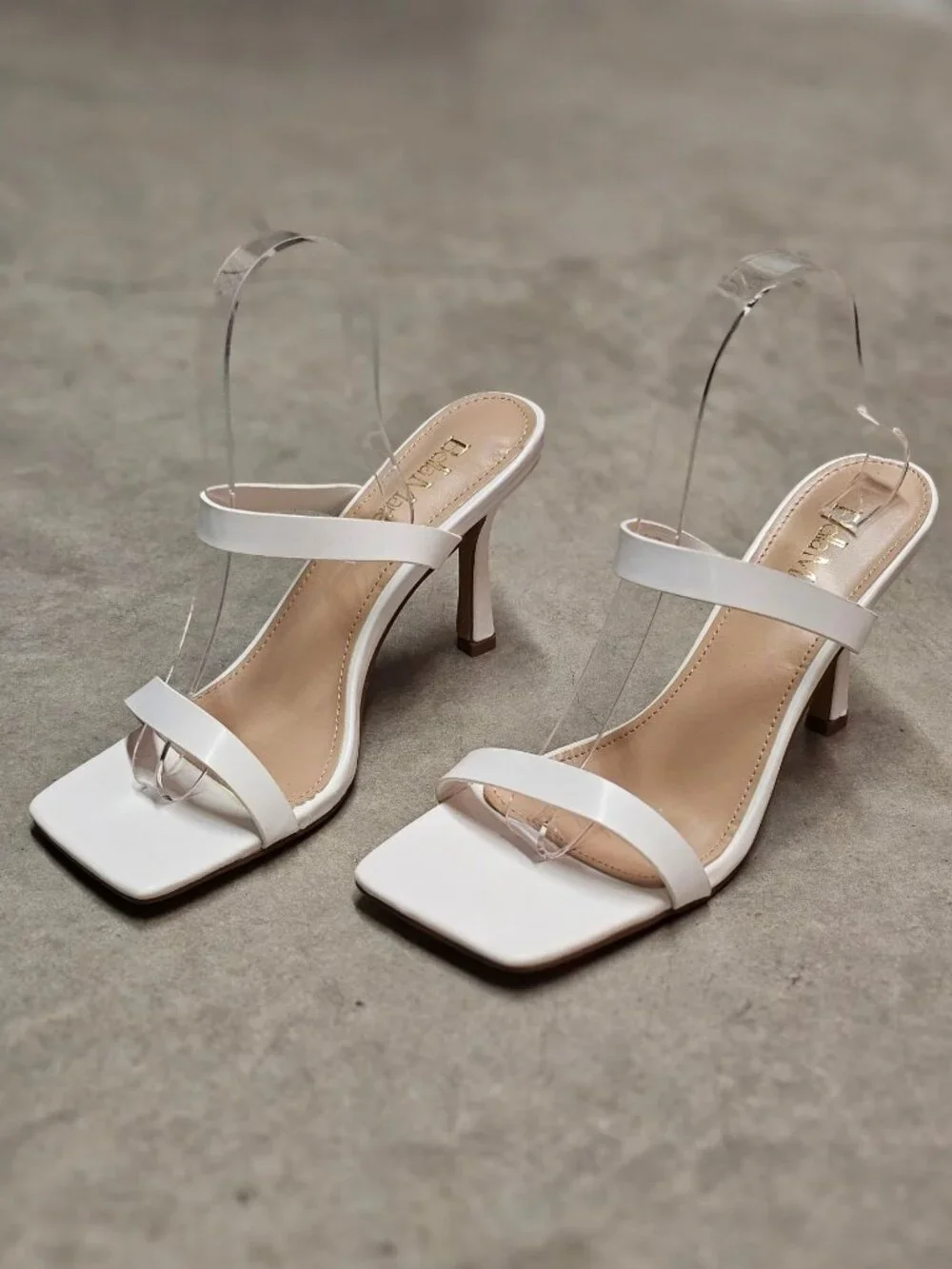Square Toe White Strappy High Heel Sandals With Double Strap Design For Women - Picture 1 of 13